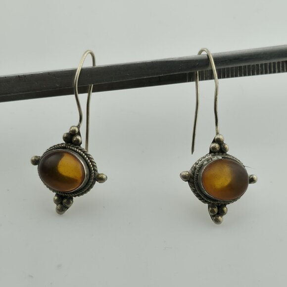 Vintage Sterling Silver 925 Earrings Yellow Stone - Picture 2 of 10